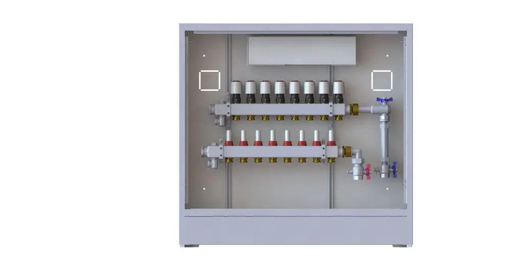 Wandmontierte Heizungsstation von Danfoss mit mehreren Regelventilen und Anschlüssen für Heizkreise, ausgestattet mit einem WMZ-Set und einem elektrischen Anschluss.
